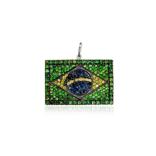 Pingente Bandeira do Brasil Ouro Branco 18k com Pedras Variadas