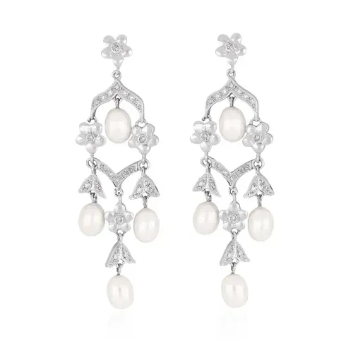 Brincos Bridal Floral de Ouro Branco 18k com Pérolas e Diamantes