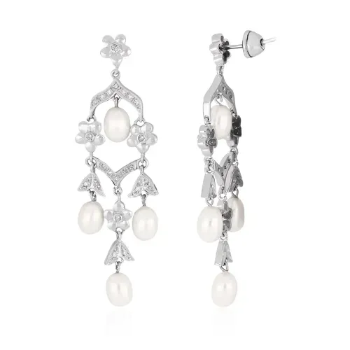Brincos Bridal Floral de Ouro Branco 18k com Pérolas e Diamantes