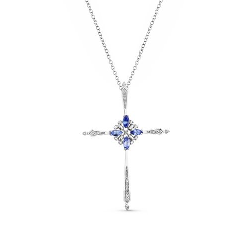 Colar Nasrid Cruz de Ouro Branco 18k com Tanzanita e Diamantes