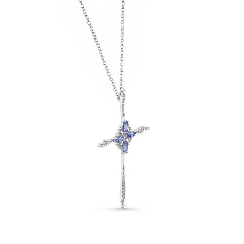 Colar Nasrid Cruz de Ouro Branco 18k com Tanzanita e Diamantes